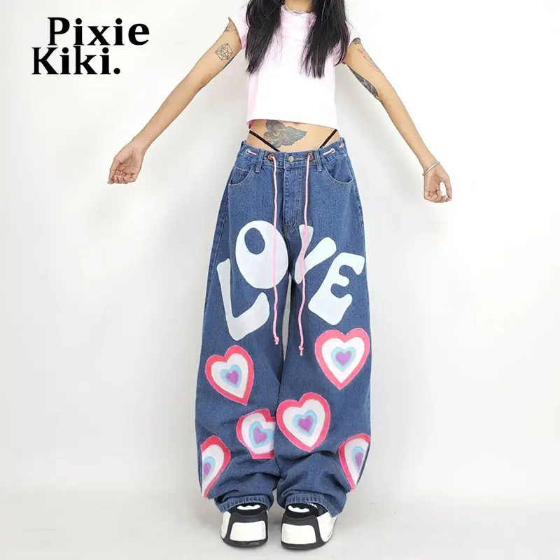 

PixieKiki Y2k графические мешковатые джинсы с заниженной талией женские брюки уличная одежда 90-е джинсовые брюки для девочек винтажные широкие б...