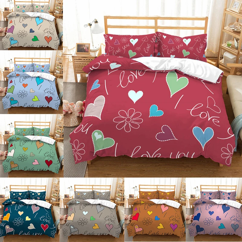 

Luxury 3D Heart Love Print 2/3Pcs Kids Adult Bedding Set Couple Duvet Cover Pillowcase Home Textile euro bed linen stray kids