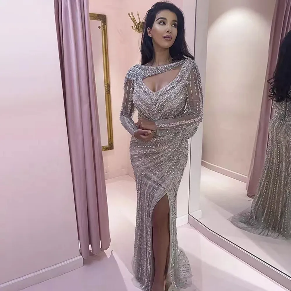 

Luxury Silver Mermaid Evening Dress with Cape Heavy Beaded Side Slit Prom Dresses for Women Wedding Party Formal Gown