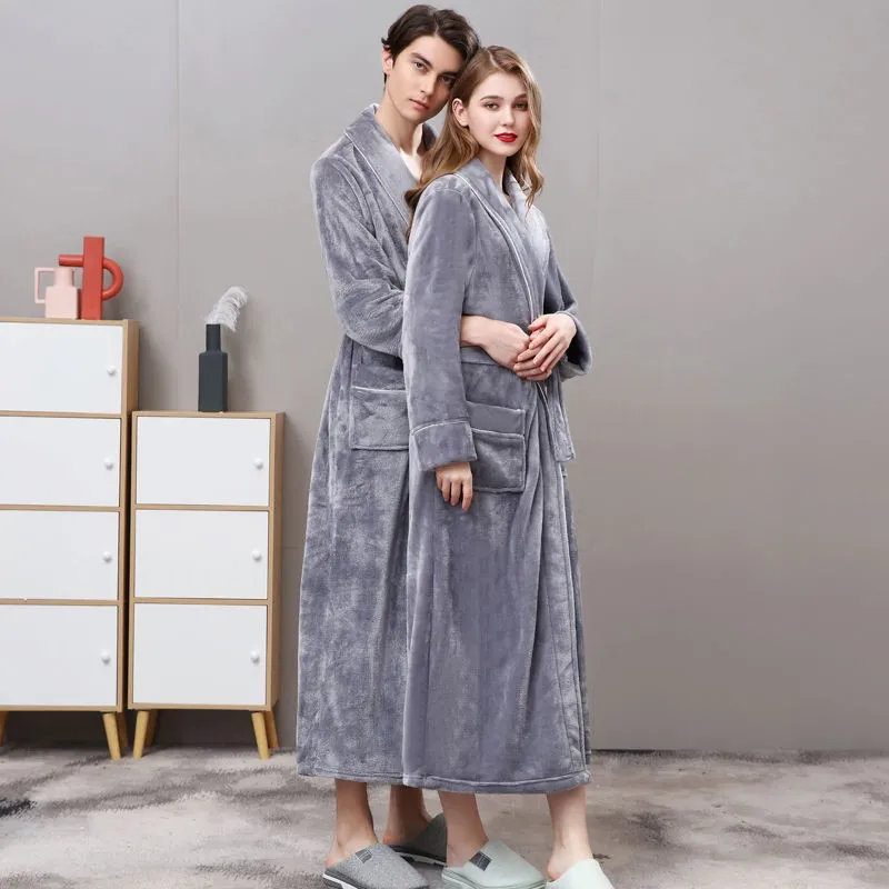 Men Flannel Kimono Bath Gown Ultra Long Robe Coral Fleece Nightgown Lovers Couple Thick Warm Sleepwear Dressing Gown 2023