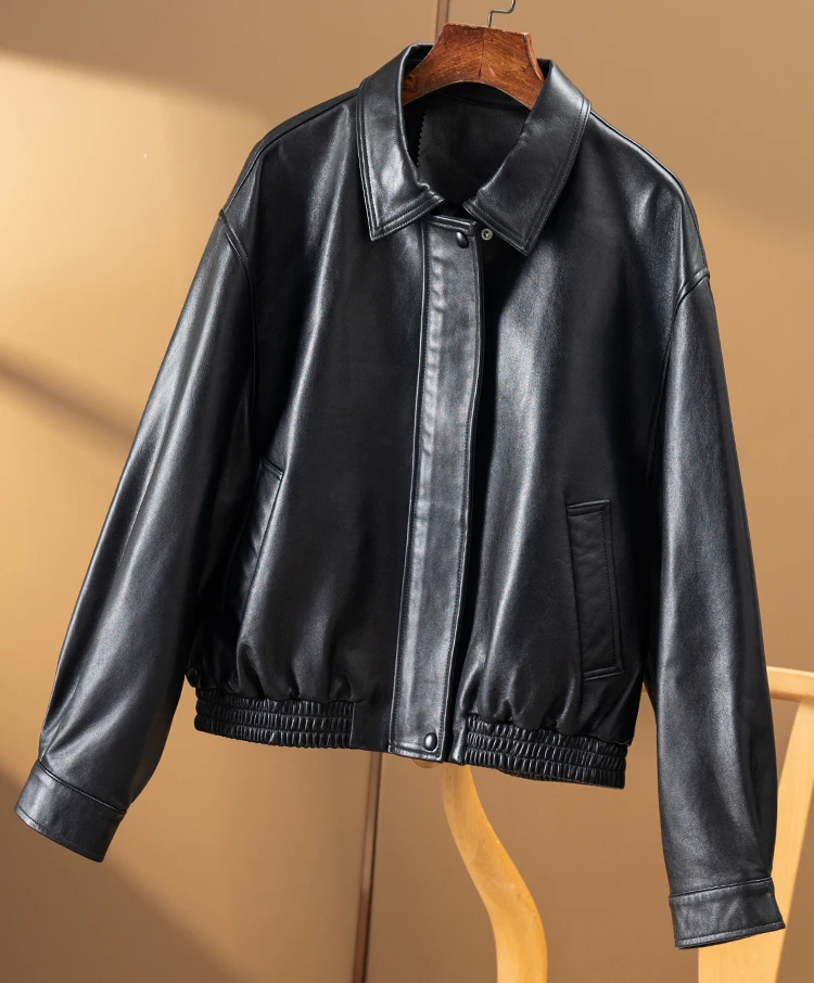 Fashion Genuine Leather Jacket Women  New Spring Summer 2023 Sheepskin  Zipper High Street  Pockets Turn-down Collar All Season