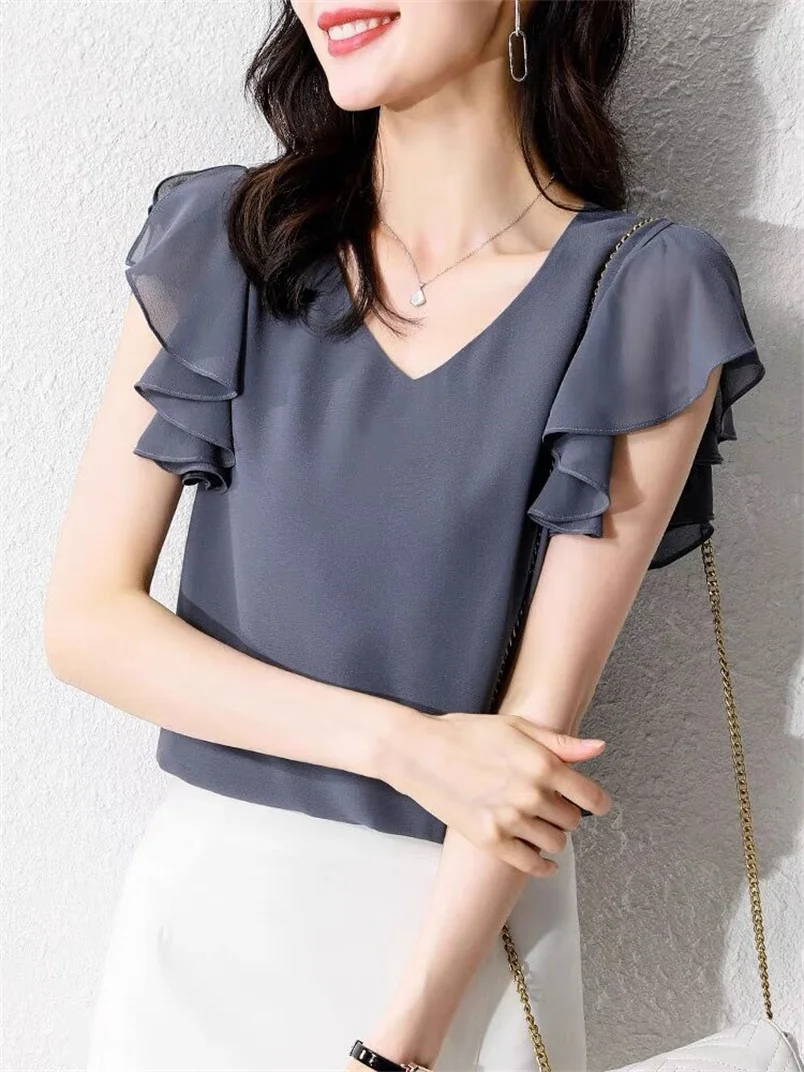 

Summer Women Chiffon Blouse Short Ruffles Sleeve Vintage Sweet Women Tops Female Office Elegant Ladies Blouse Casual T-Shirts