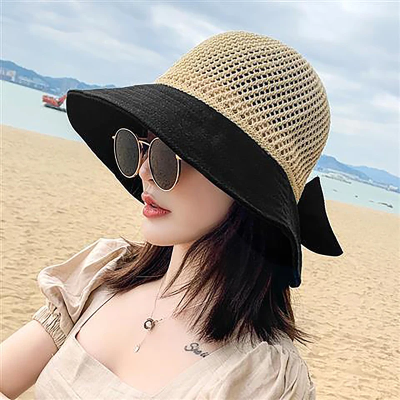 

Outdoor UV Protection Sun Hat Summer Women's Bucket Foldable Basin Sunscreen Cap Bow Hollow Stitching Panama Hats Fisherman