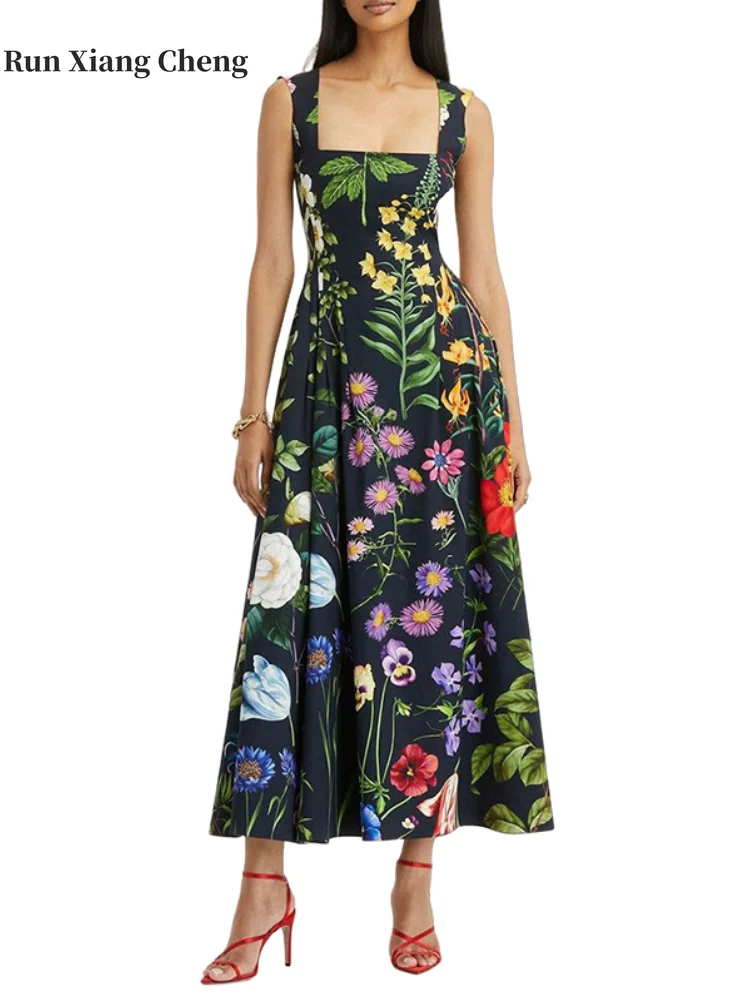 

2023 Summer Women Dresses New In Fashion Black Vintage Temperament Pretty Print Square Neck Chic and Elegant Party Long Dresses