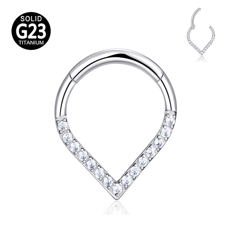 

ASTM F136 G23 Titanium Heart WaterDrop CZ Zircon Segment Nose Rings Septum Helix Piercing Daith Conch Earrings Hoop Stud 16G