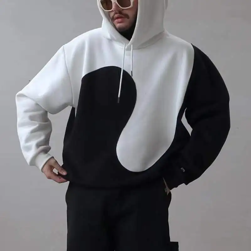 

Men's printed casual trend loose Black White Patchwork hoodie