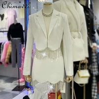 2022 springautumn high end beaded tassel elegant womens outfit long sleeve suit topssexy suspender dressslim mini skirt