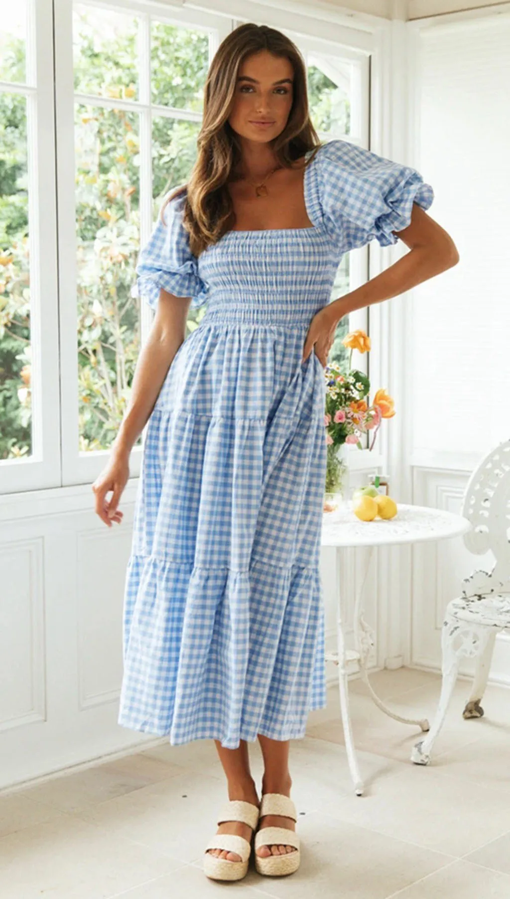 

Ruffle Puff Sleeve Blue Plaid Summer Mini Dress Women Holiday Short Sleeves vestido Elastic y2k Dress 2022