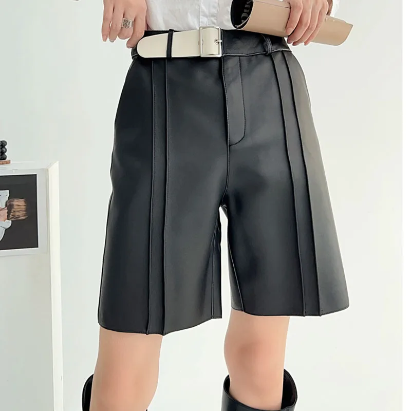 European Style Women's Genuine Leather Shorts  Female Handsome Straight High Waist Suit Shorts With Belt Casual Wide Leg Trouser