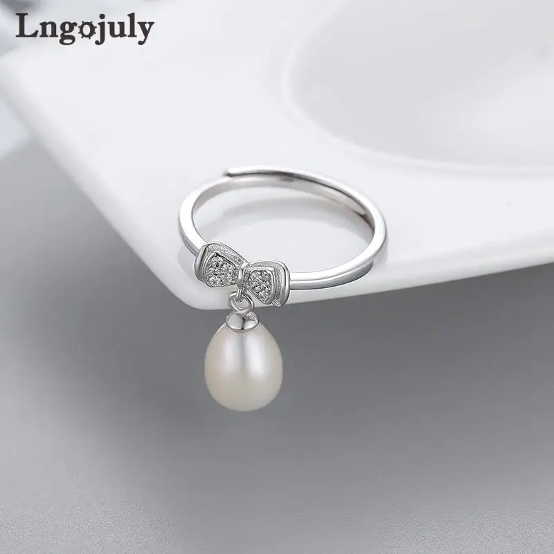 

Fine Jewelry 925 Sterling Silver Adjustable Bowknot Pearl Ring For Women Girl Anniversary Engagement Wedding Party Jewelry Gift