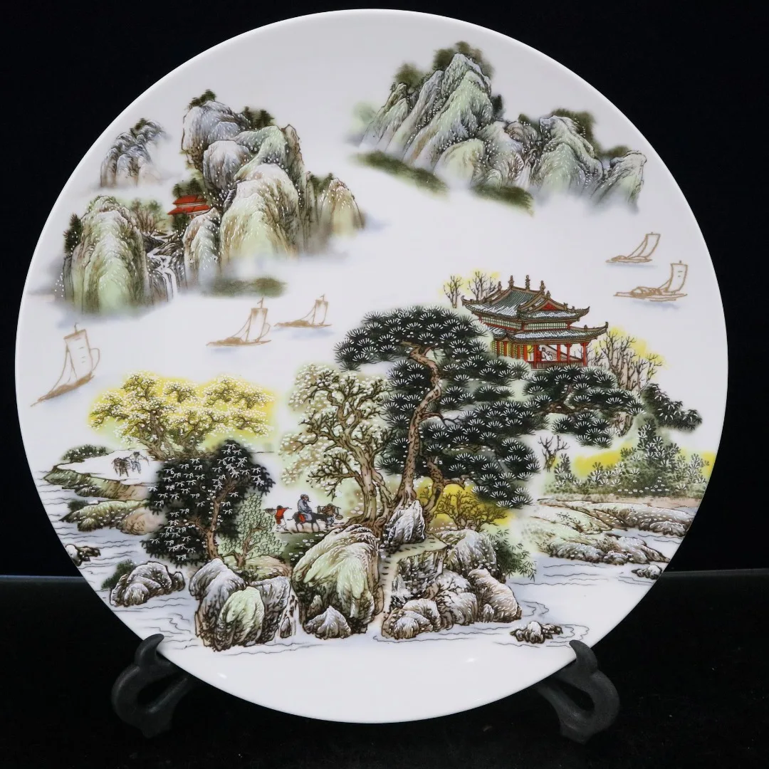 

14"Chinese Folk Collection Old Porcelain pastel landscape Xanadu picture plate Ornamental plate ornament Town house Exorcism