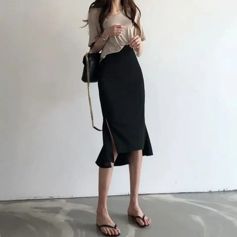 

Women 2022 Spring Summer High Waist Trumpet Skirts Female All Match Mermaid Elegant Midi Skirt New Ladies Solid Slim Jupe B38