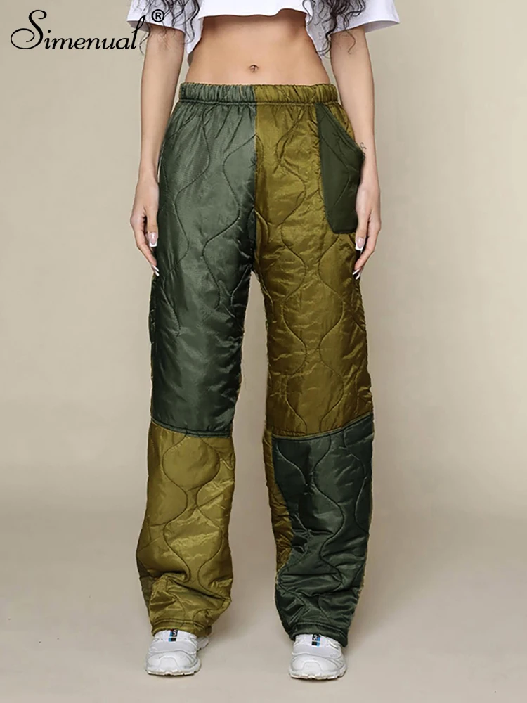 

Simenual 2022 Autumn Winter Warm Pants Women Panelled Patchwork Pockets Straight Cotton Bottoms Casual Workout Female Trousers