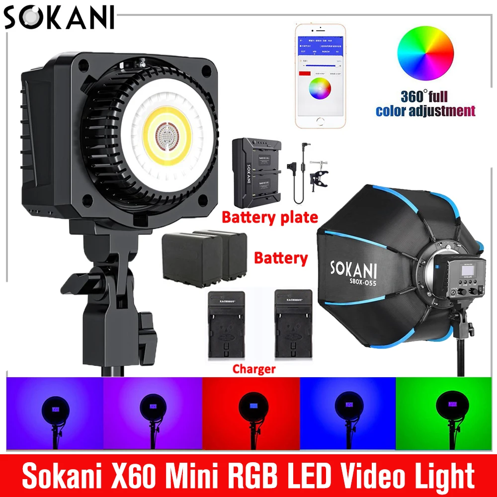 Sokani X60 RGB Mini 60W женское фото-и видеоустройство для фотосъемки, запись видео на открытом воздухе с 55 см софтбоксом