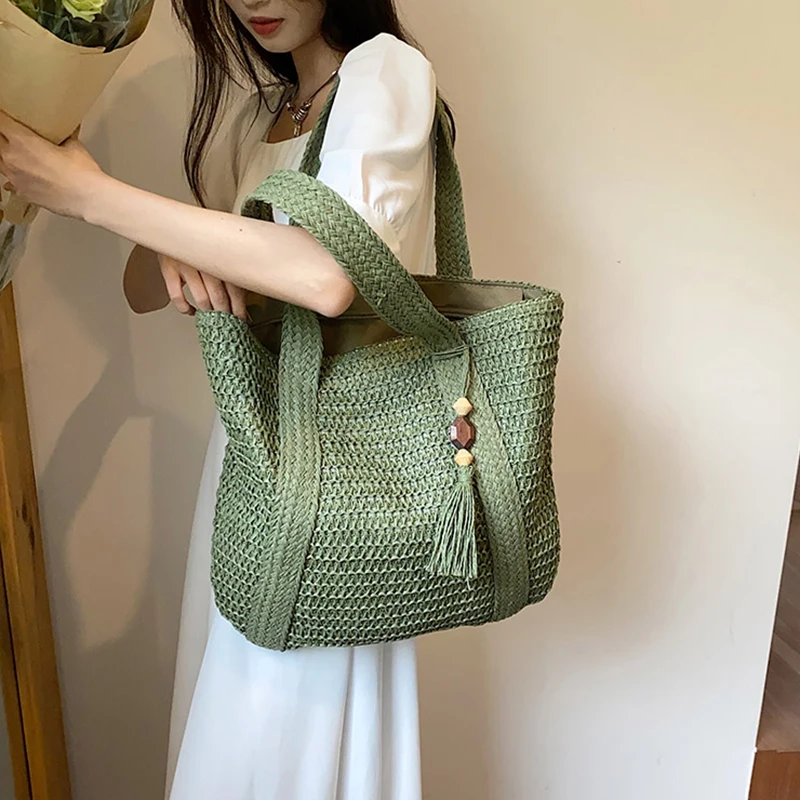 High Capacity Large Summer Beach Straw Bags Tassels Simple Luxury Brand Fashion Travel Ladies Shoulder Handbags Top Handle Totes