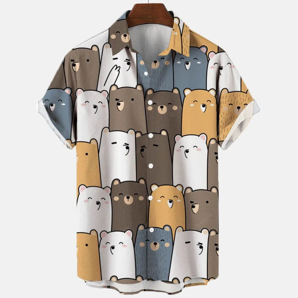 Мужская винтажная рубашка с коротким рукавом 3D-принтом медведя |