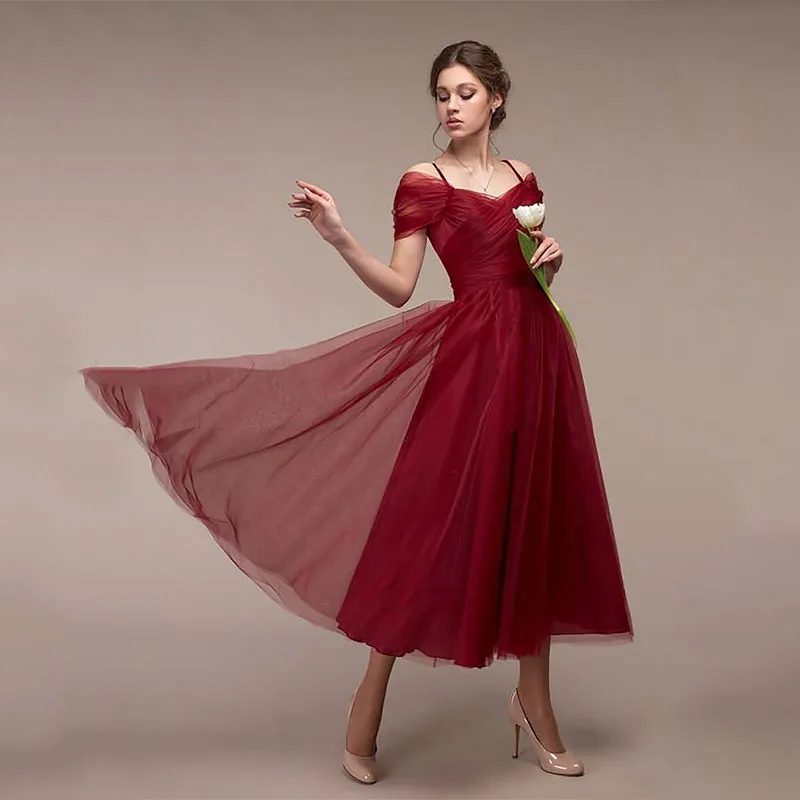 

Fashion Women Wedding Bridesmaid Dress Gauze One Word Collar Spring Summer Female Tunics Midi A-line Elegant Solid Sexy Dresses