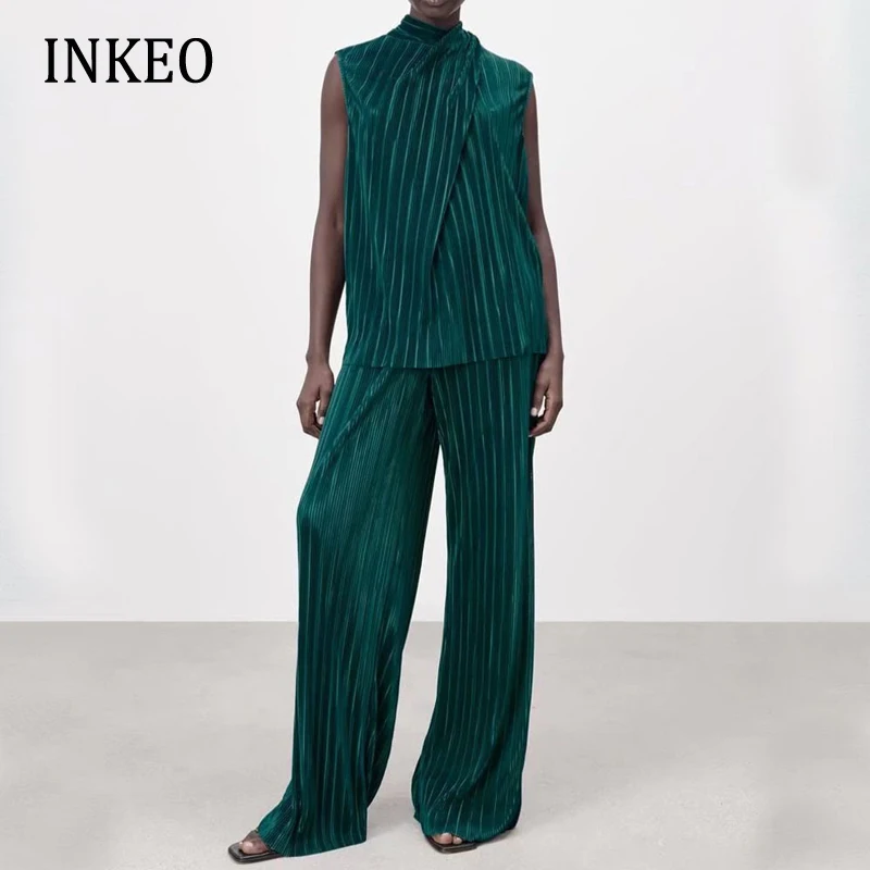 

Elegant Women's high neck bow blouse pleated shirt Green Loose 2022 Newest Straight pants 2 Piece set Female Chic INKEO 2T179