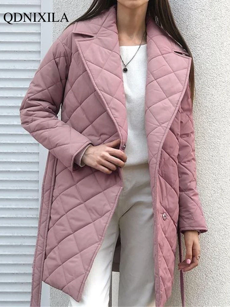 2023 Winter Spring Mid-length Women's Parkas Black Cotton Padded Lace Jacket Light Thin Fashion Elegant Quilted Coats for Women