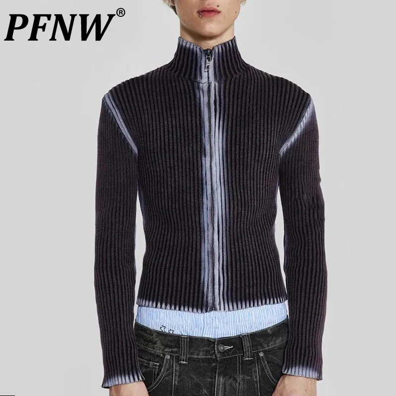 

PFNW Men's Sweater Male Knits Tie-dye High Street Sleeveless Pullovers Turtleneck Top Zipper Cardigan 2023 Autumn Winter 9C3482