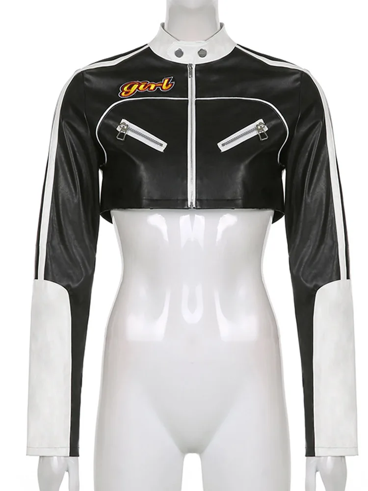 Женская куртка на молнии укороченная из искусственной кожи контрастных цветов в