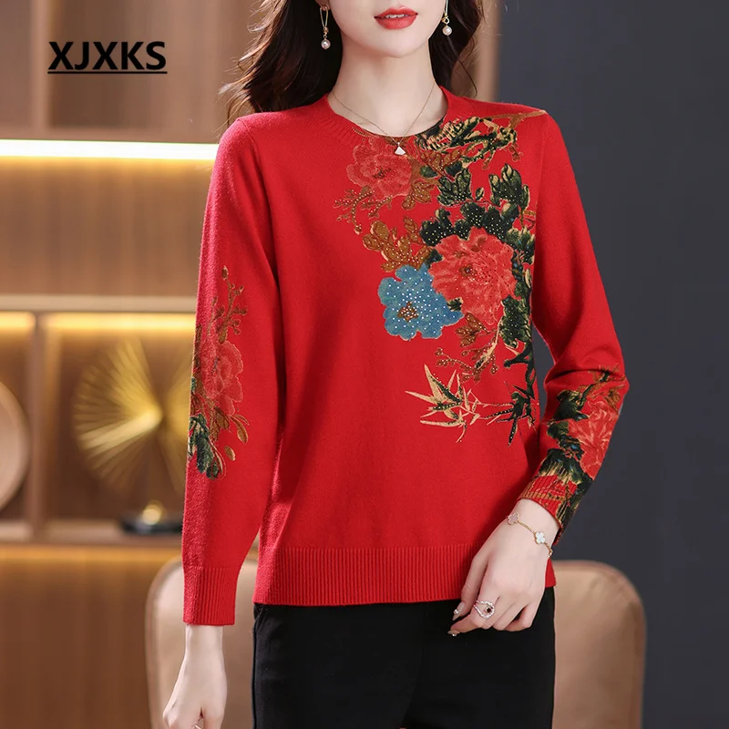 

Шерстяной вязаный пуловер XJXKS с круглым вырезом и длинными рукавами, женский свитер с принтом, новинка сезона осень-зима 2022, свободный мягкий женский джемпер