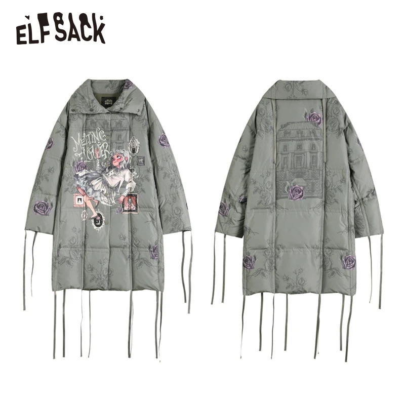 ELFSACK Gray Warm Down Coats Women 2022 Winter Windproof Long Outwears