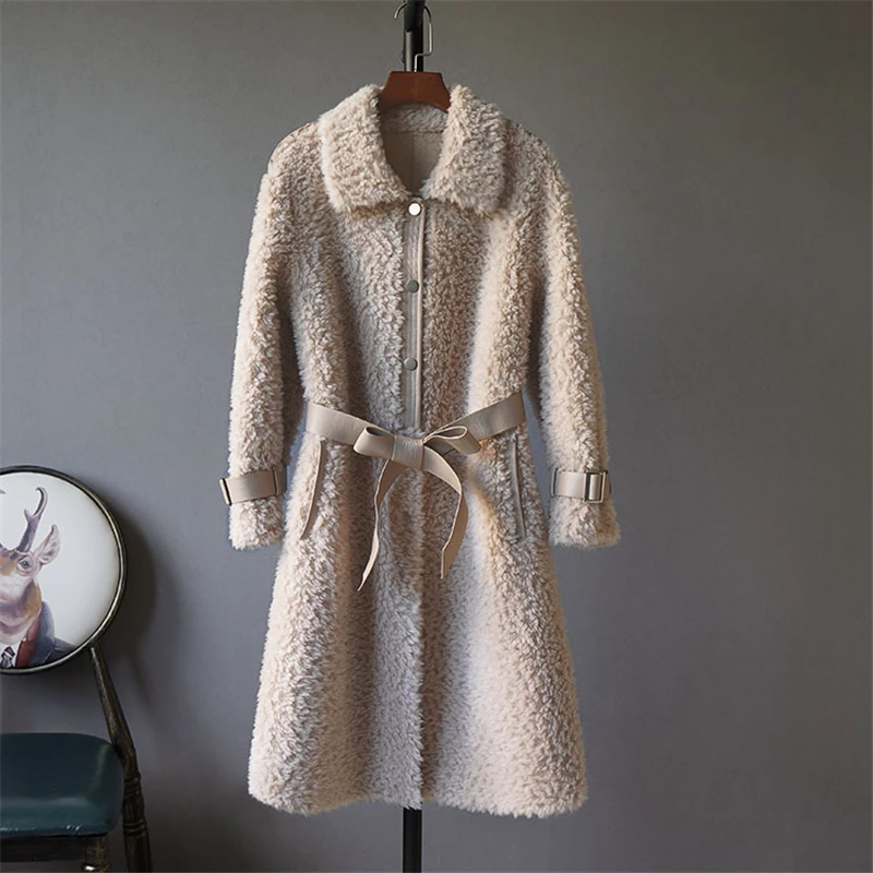 Winter Jacket Women 100% Natural Wool Lamb Fur Coat Long Thick Warm Overcoat Real Sheepskin Leather Belt Casual Streetwear
