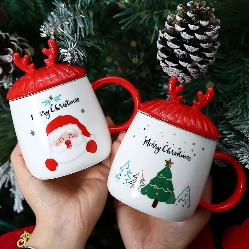 

Cute Christmas Tree Santa Claus Ceramic Mug with Lid and Spoon Coffee Milk Tea Juice Cup Birthday Gift for Friend Drinkware New