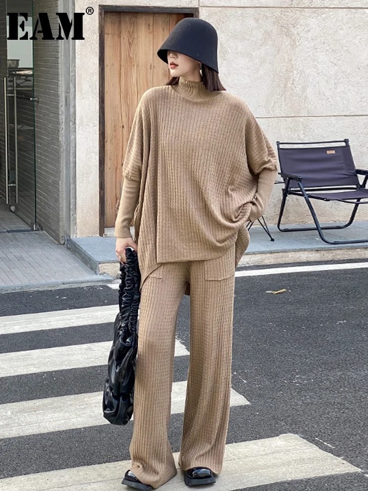 

[EAM] широкие брюки, вязаный костюм из двух предметов большого размера, новинка, круглый вырез, длинный рукав, женская мода, Осень-зима 2022, 1DF2385
