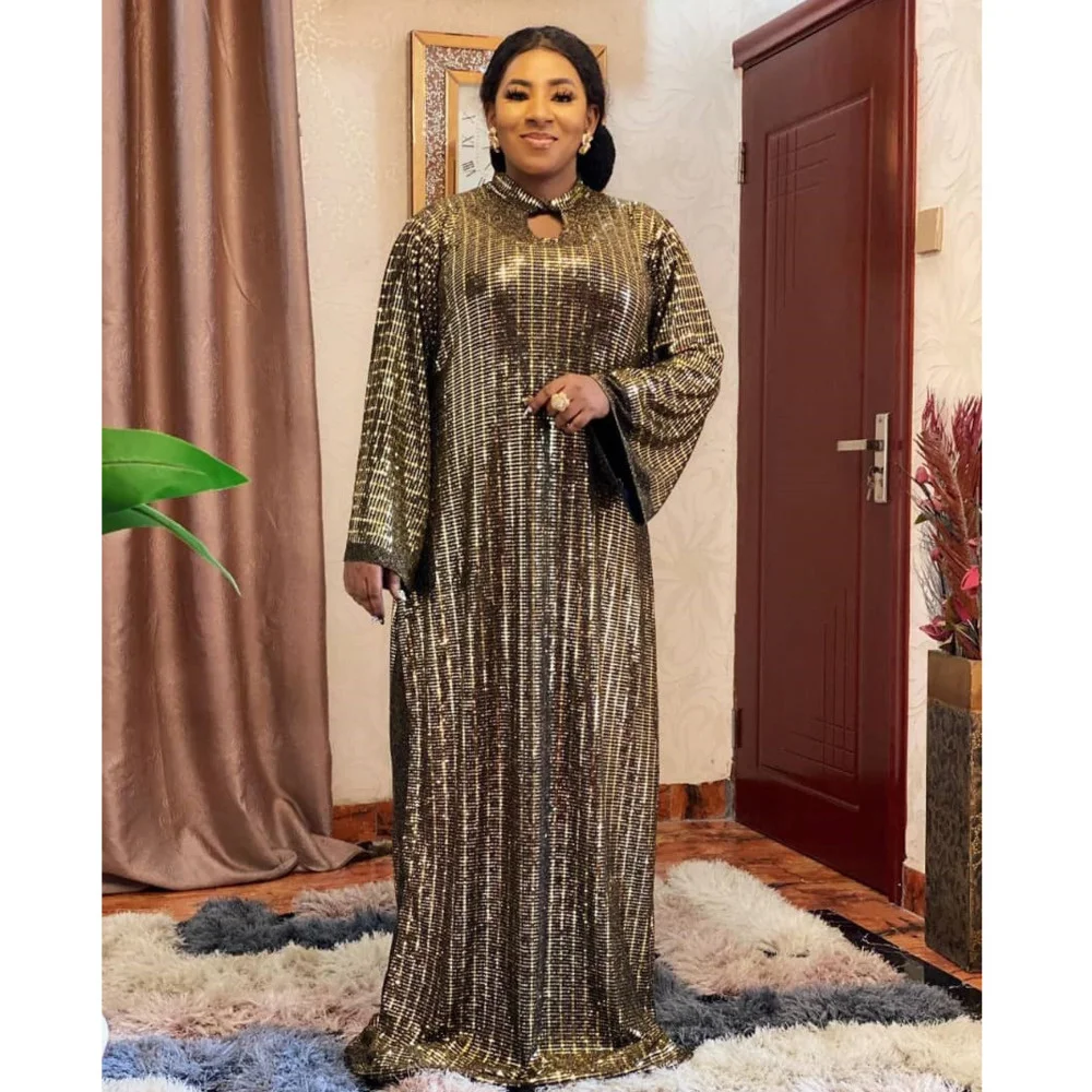 

2022 Dress Fashion Gold Sequin Ball Gown Event Party Evening Oversized Long Sleeve African Women Maxi Long Dresses Autumn Winter