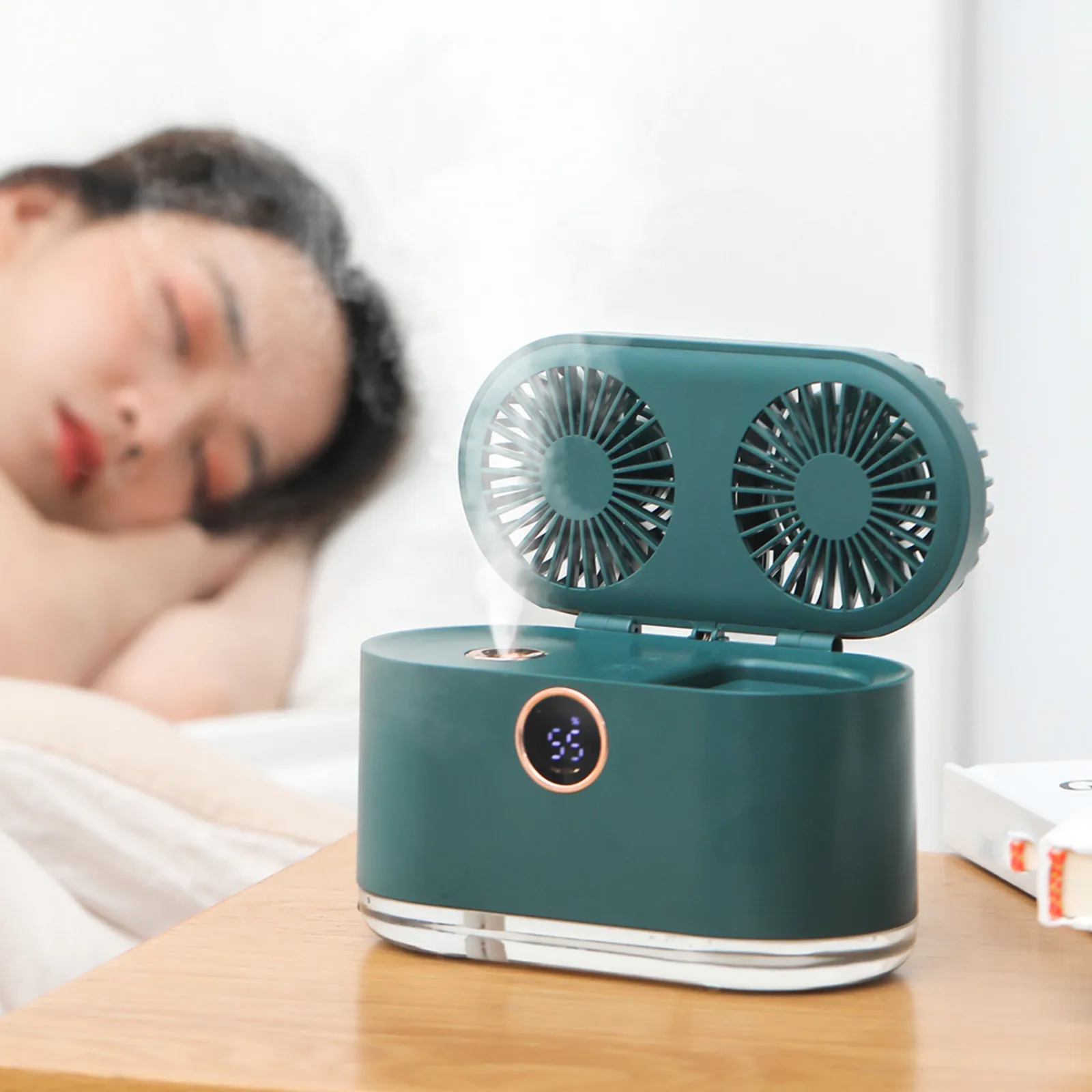 

2-in-1 Small Humidifier with Dual Fan, 400ml Desktop Humidifier, 2000mAh USB Rechargeable Battery Operated for Office Home Car B