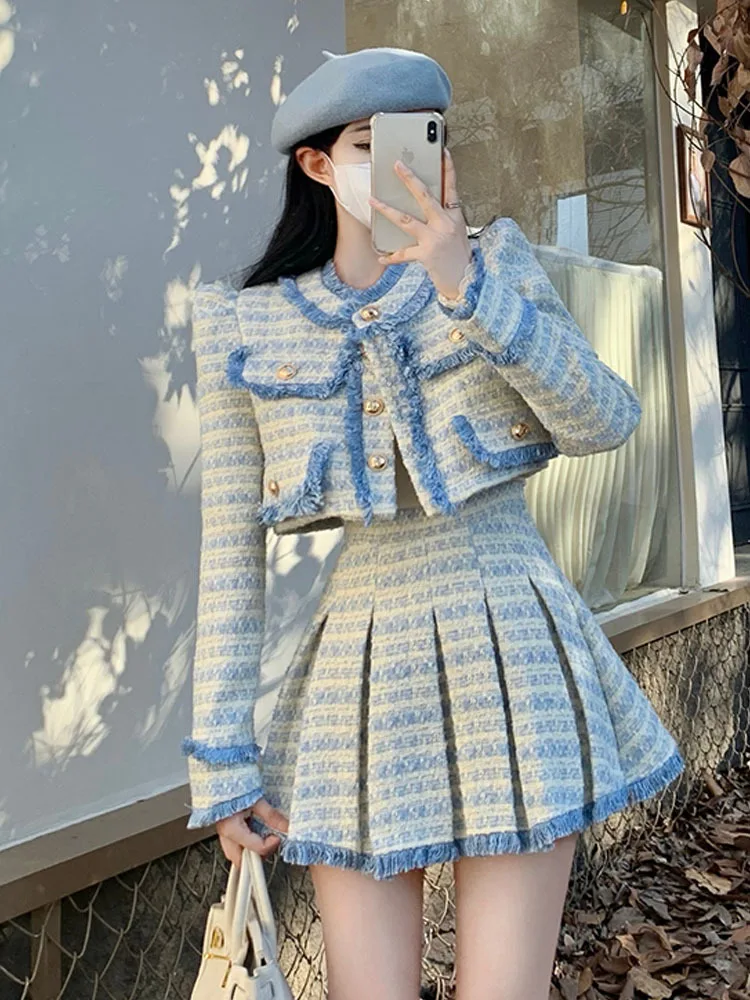 

French Vintage Tweed Two Piece Set Women Short Jacket Coat + Pleated Skirt Suits Luxury Brand 2 Piece Set
