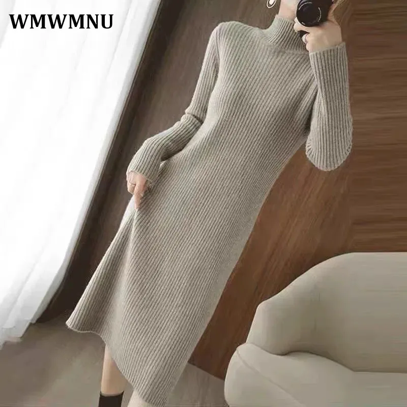 

Korean Half Turtleneck Straight Sweater Dress Women Basic Casual Loose Midi Knitted Bottoming Dresses Elegante Vestidos Mujer