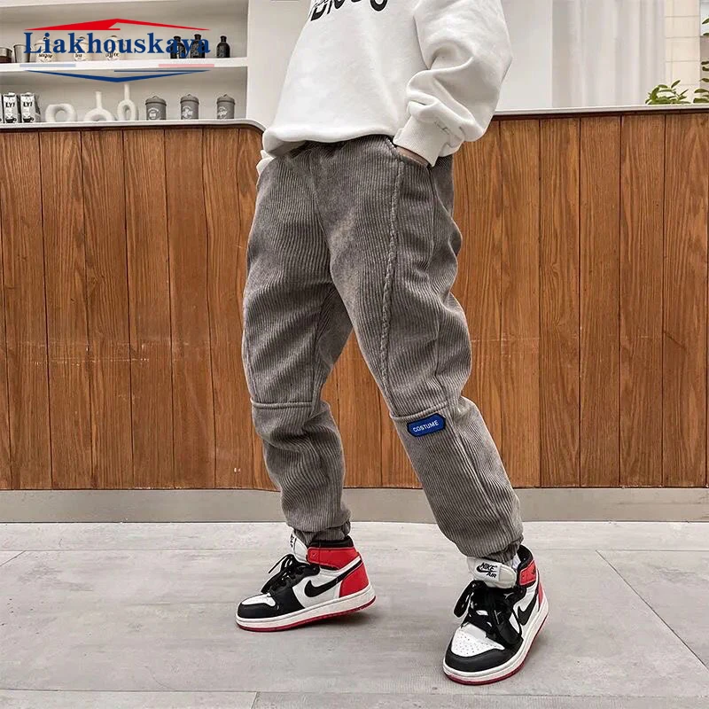 

110-170cm For Kids Corduroy Pants Gray Pants Casual Spring Children Long Black Teenage For Boy Trousers Boys Fashion Korean