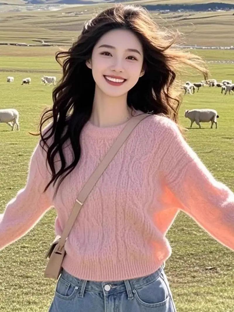 Французский сладкий розовый пуловер с круглым вырезом женский осенне-зимний