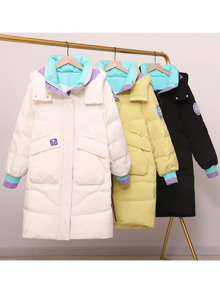 WKFYY Women Causal Winter Thick Patch Designs Pocket Pleated Detachable Loose Straight  Long Padded Coat Outwear Down Jack C4984