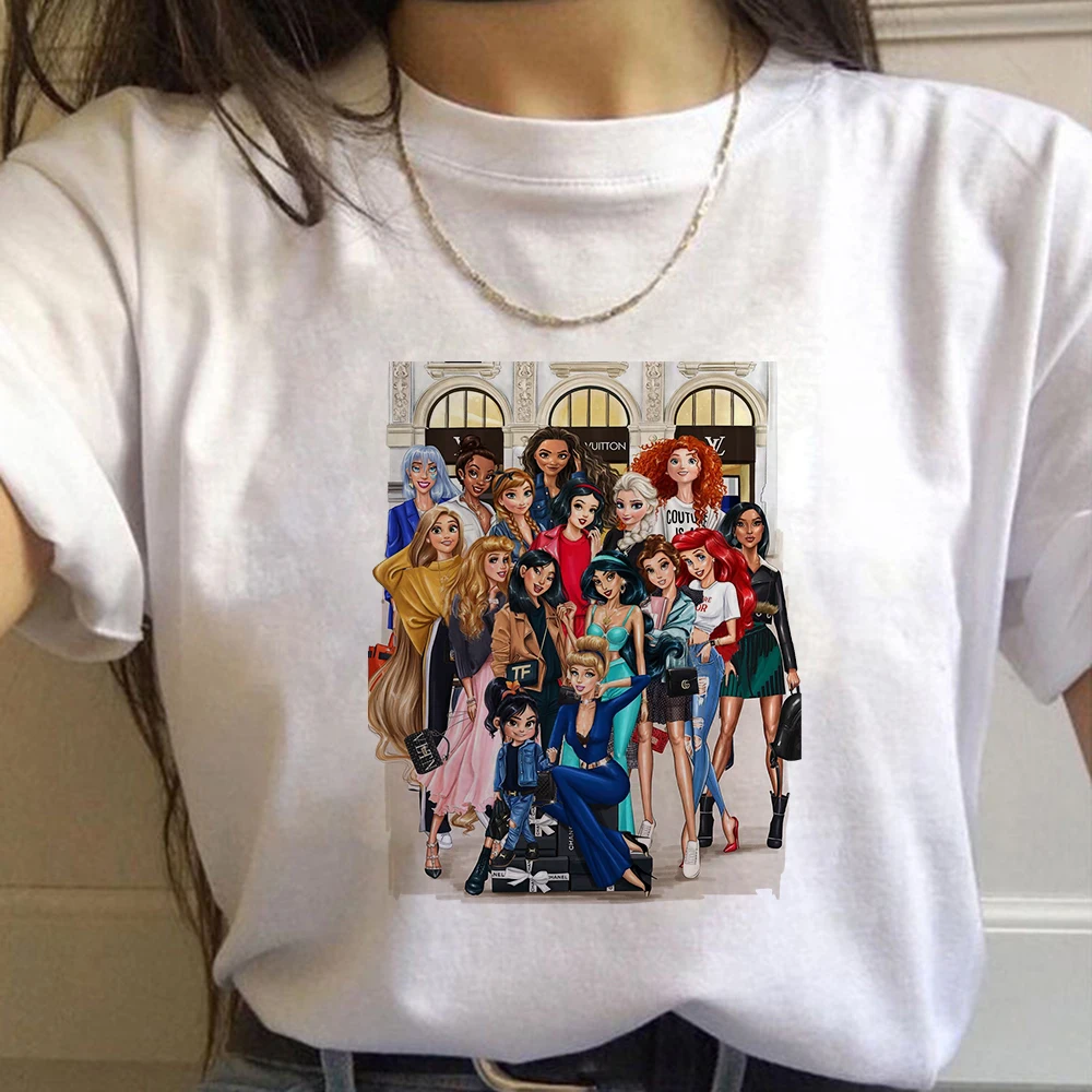 

Disney Princesses get together Tshirt Women Funny T Shirt Short Sleeve Harajuku Tops Tees Femme Camisetas Verano Mujer