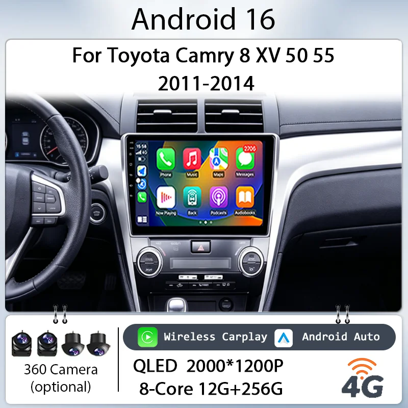 Фото Беспроводной CarPlay на Android 16 для Toyota Camry 8 XV 50 55 2011-2014, автомобильная магнитола 10 дюймов с GPS-навигацией, Bluetooth, WiFi, DSP, IPS HD сенсорный экран №1