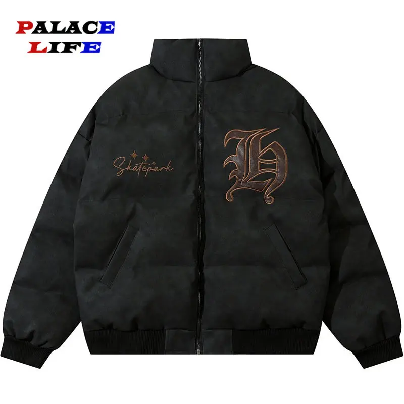 Winter Suede Leather Jacket Parkas Men Streetwear Hip Hop Embroidery Letter Patch Thicken Warm Padded Coats Vintage Jackets