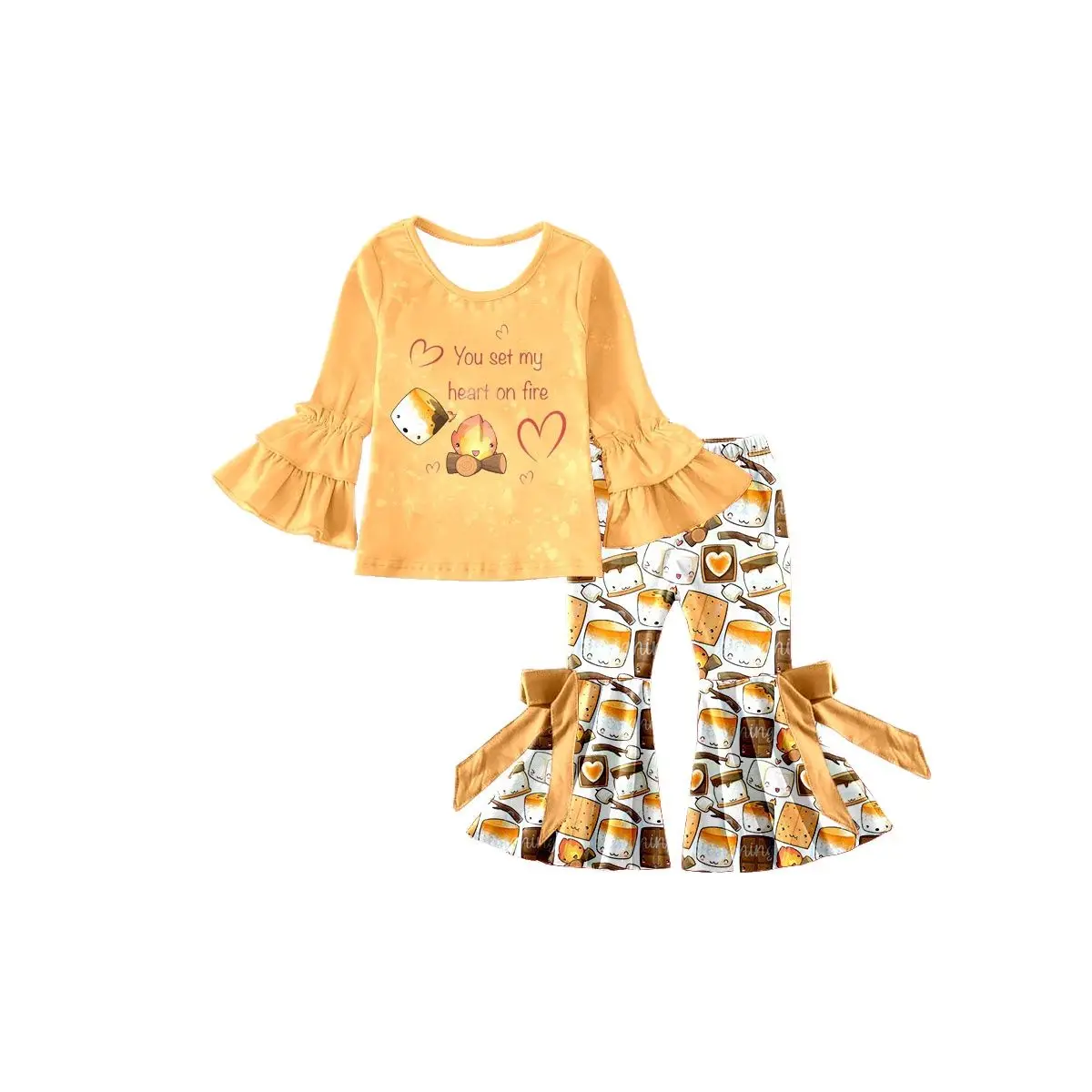

Wholesale Baby Girl Clothes Toddler Bell Bottoms Outfit Cartoon Candle Print Cute Yellow 2-piece Set