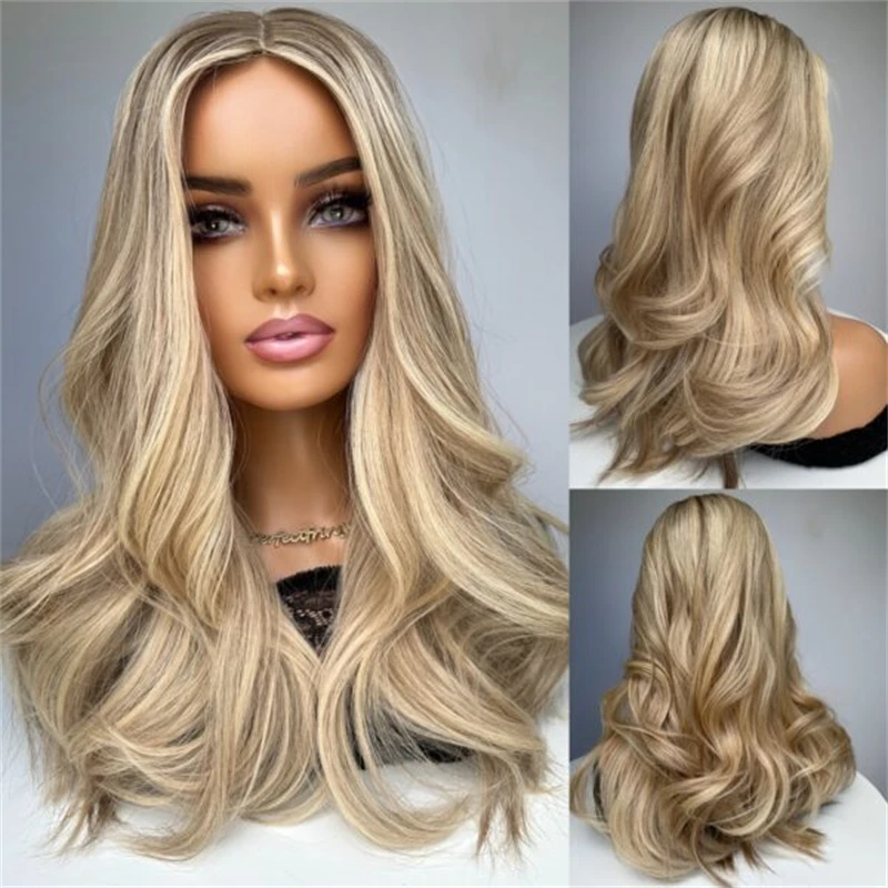 Фото Синтетический парик 13x4 Ombre Light Golden Blonde с невидимой HD-основой из кружева, мягкий длинный парик с волнистыми локонами, без клея, премиум-класса Futura №2