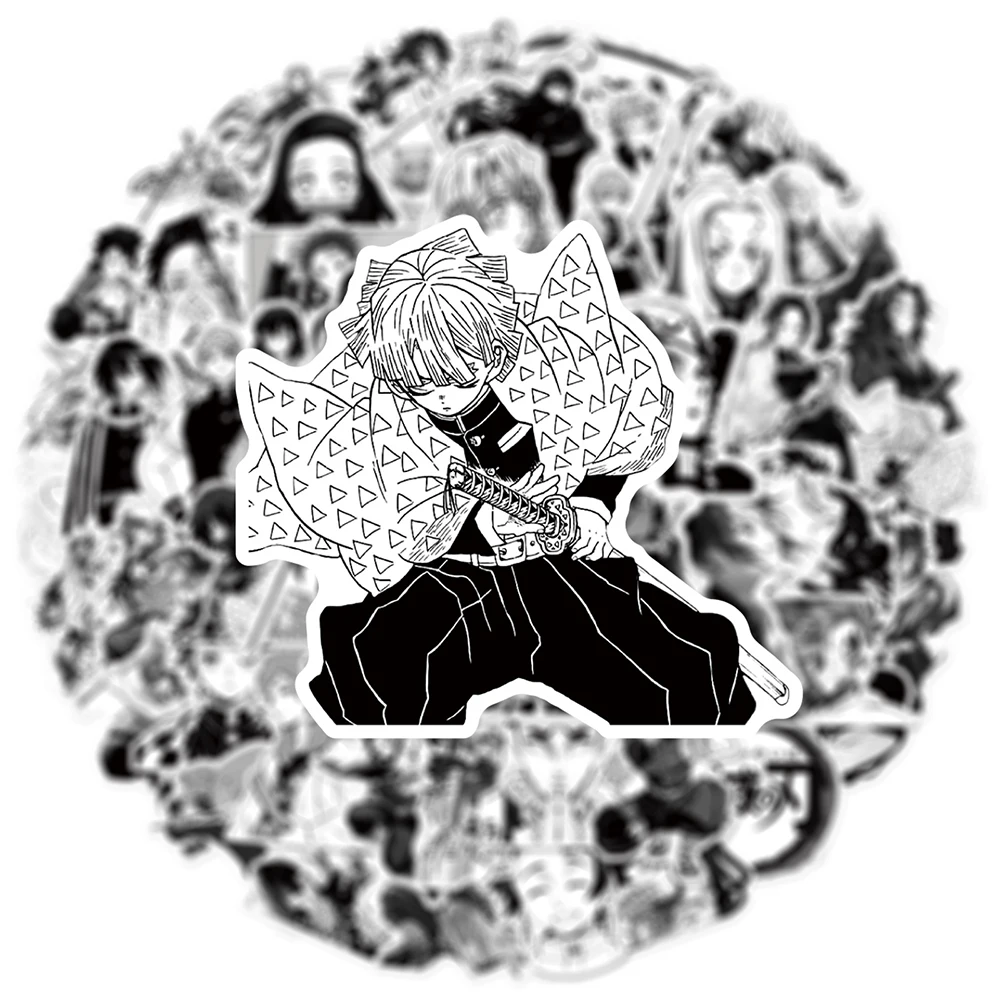 

10/30/50PCS Black and White Demon Slayer Anime Stickers for Kids Toys DIY Luggage Laptop Car Waterproof Cool Sticker Decals Gift