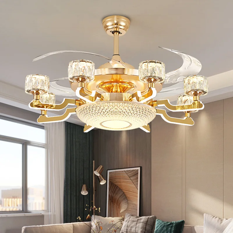 

New Invisible Fan Lamp Living Room Bedroom Dining Room Ceiling Fan Lights Nordic Light Luxury Smart Lamp Crystal Atmospheric Ele