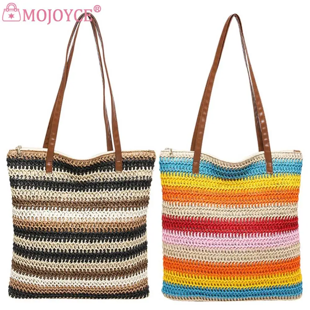 Пляжная соломенная сумка в полоску Модный богемный саквояж на плечо большой