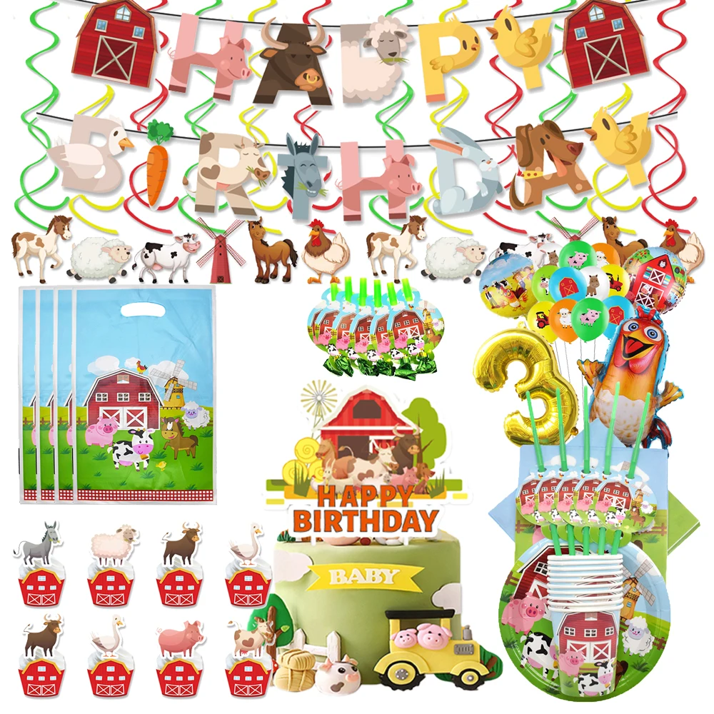 Farm Animals Balloon Theme Party Decor Banner Cartoon swivel Cake Topper Cow Disposable Tableware Baby Shower Party Supplies