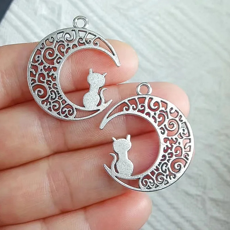 

10pcs 30x26mm Antique Silver Color Moon Cat Charms Pendant For Jewelry Making DIY Jewelry Findings
