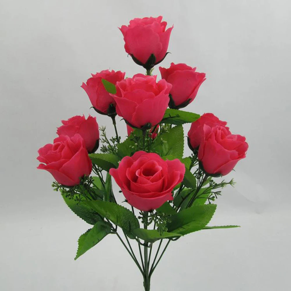 

High Quality Plastic Silk Cloth Artificial Flowers Fake Flowers 10 Heads Stems Rose Bud Bunch Bridal Bouquet Flowers