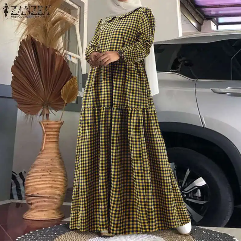 

ZANZEA Elegant Grid Muslim Maxi Dress Women Casual Long Sleeve Checked Printed Sundress 2022 Fashion Dubai Turkey Kaftan Abaya
