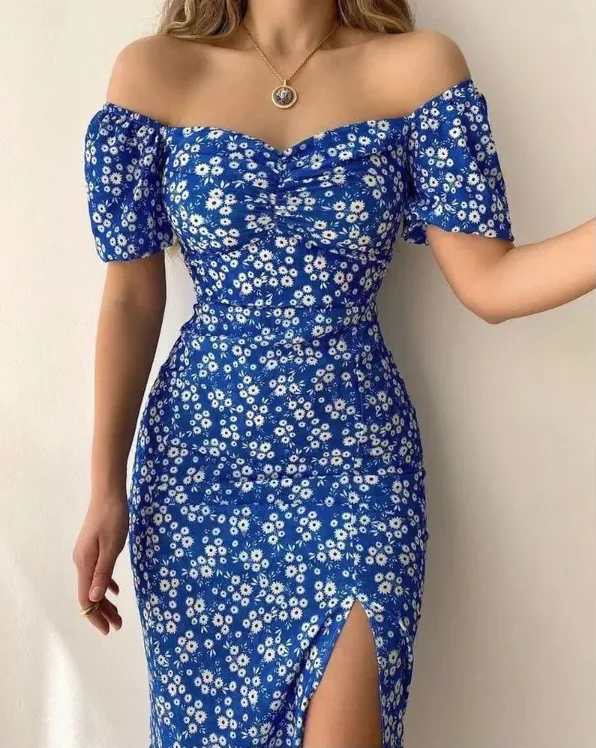 

CHAXIAOA 1 Piece Summer 2022 Women Ditsy Floral Print Skinny Off Shoulder High Slit Sexy Dress